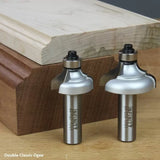 Double classic ogee router bits with ball bearing, shown beside a decorative wood edge
