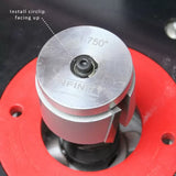 Close-up of a router table with a large sized router bit and red insert ring, install circlip facing up.