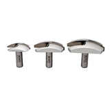 Set of three silver woodworking slot cutter router bits on white background
