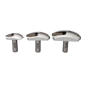 Set of three silver woodworking slot cutter router bits on white background