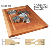 4-piece cabinet door shaper cutter set with ogee profile on a wooden panel, includes profile diagrams.