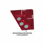 Red lock miter bit jig with three rare earth magnets and engraved measuring lines