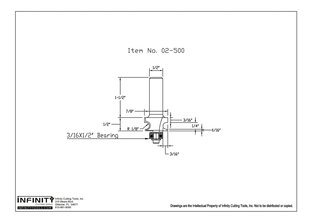 Detailed technical drawing of router bit with dimensions and bearing labeled 3/16 x 1/2 inch.