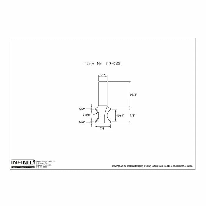 Technical drawing of woodworking router bit, model 03-500, with detailed dimensions.