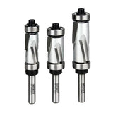 Set of three spiral flush trim router bits with ball bearings for woodworking
