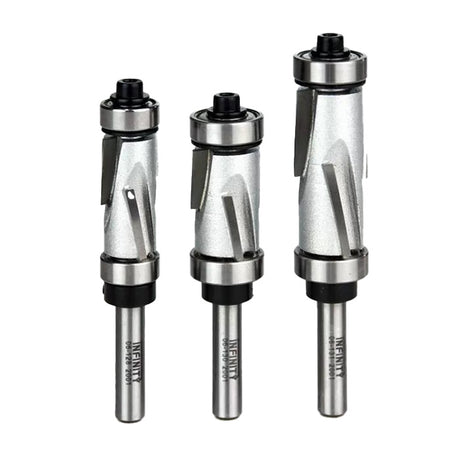 Set of three silver woodworking router bits with bearings for precision cutting