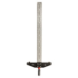 Precision woodworking dowel jig with metal ruler and adjustable handle on white background