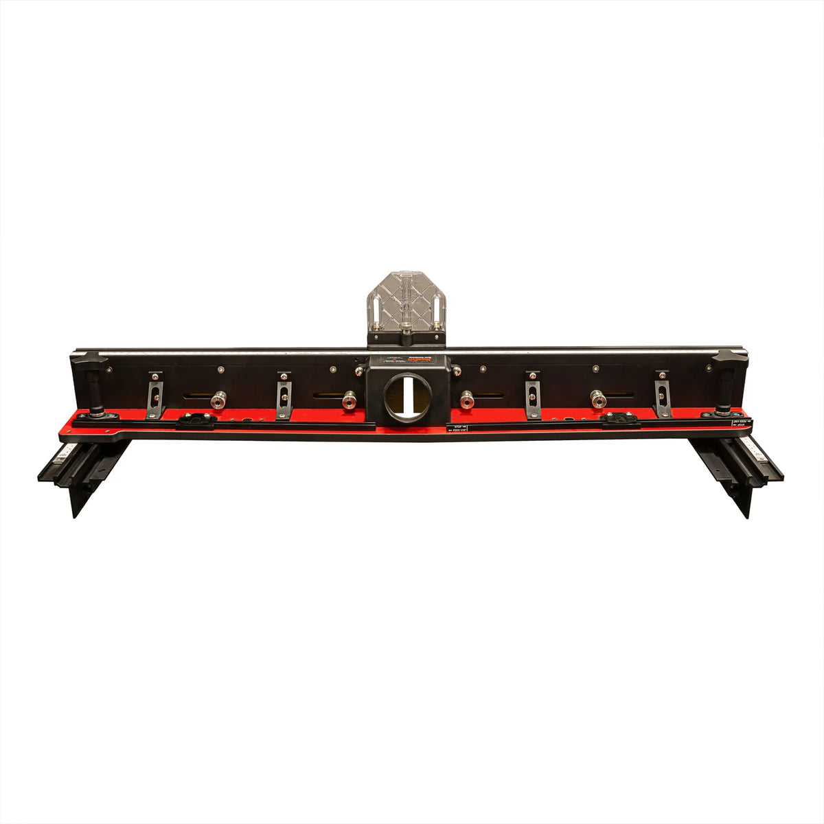 Precision woodworking router table fence with dust port, black and red, isolated on white