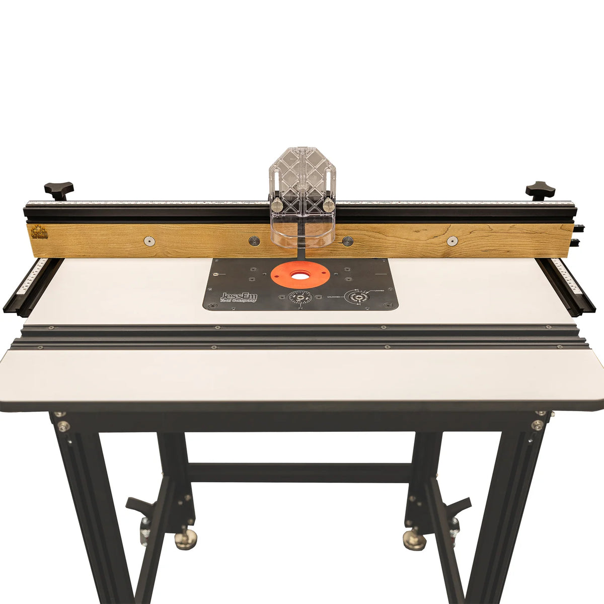 Precision woodworking router table with aluminum fence and measuring guides on sturdy stand