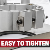 Close-up of metal woodworking tool clamp with tightening screw, labeled 'Easy to Tighten'.