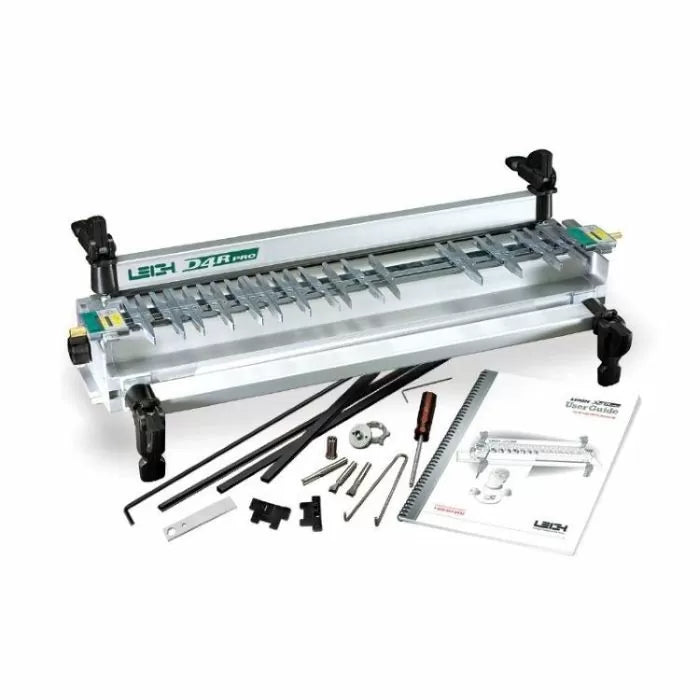 Dovetail jig woodworking tool with accessories and user guide on white background