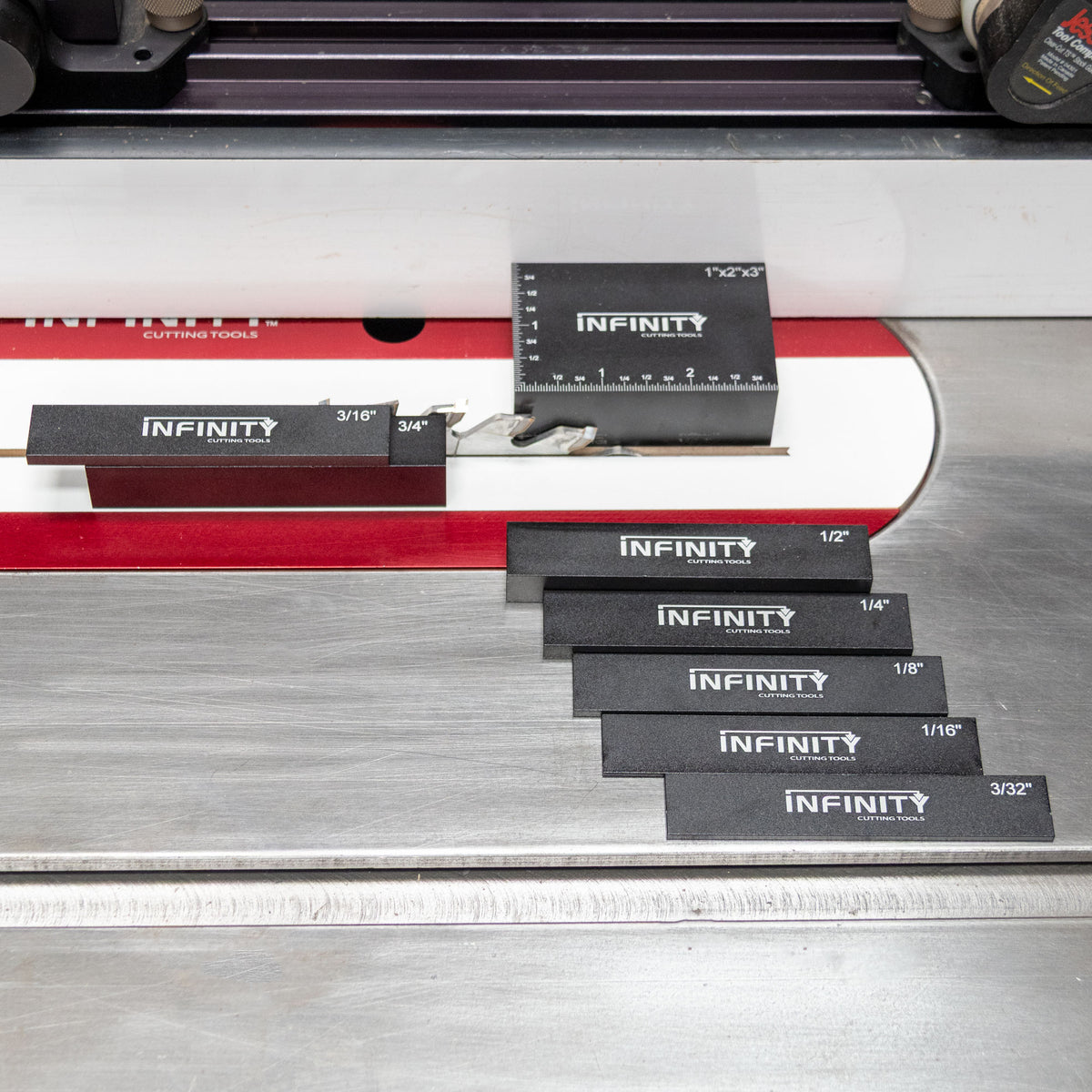 Using Infinity Tools setup blocks to set the rip fence distance on a table saw