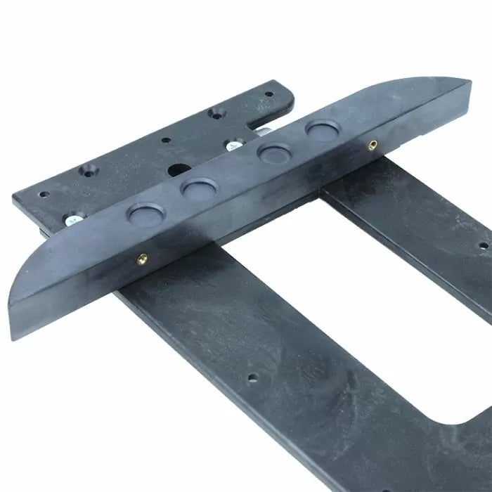 Router table fence jig made of black plastic with multiple adjustment holes