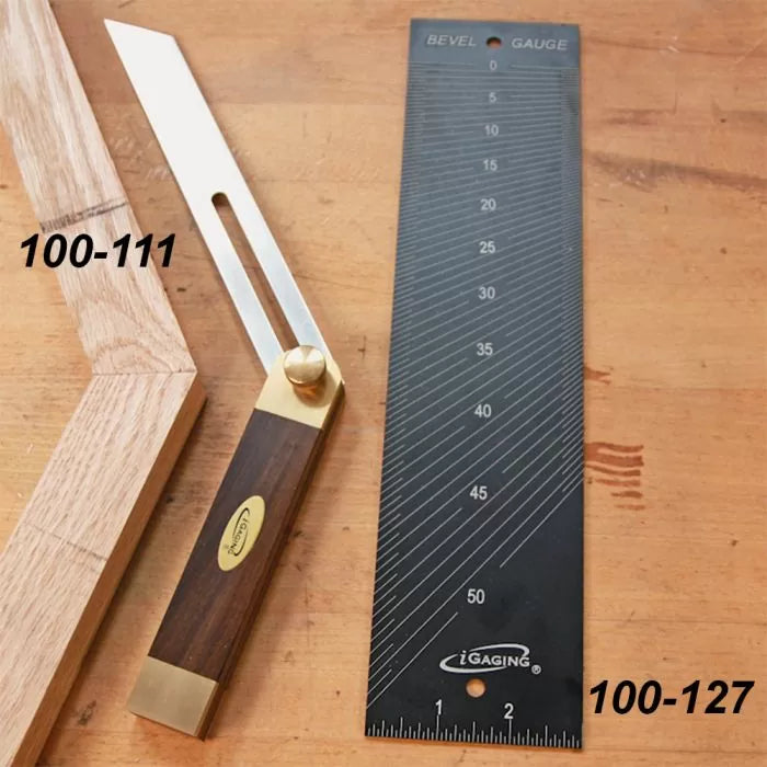 Woodworking bevel gauge, protractor ruler, and wood joint on workbench