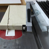 Table saw crosscut sled cutting wood with aluminum fence and handle for woodworking precision