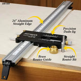 Precision dado jig with 24-inch aluminum straight edge, brass router guide, and straight router bit on a woodworking table.
