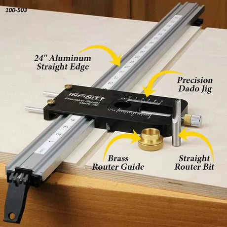 Precision dado jig with 24-inch aluminum straight edge, brass router guide, and straight router bit on a woodworking table.