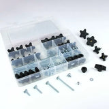 Woodworking jig hardware kit with metal bolts, knobs, washers, and fasteners in organizer box