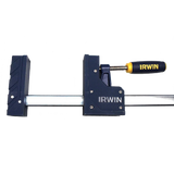 Irwin woodworking parallel bar clamp with blue pads and yellow handle