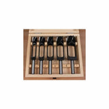 Set of five woodworking hollow chisel mortiser bits in a wooden storage case