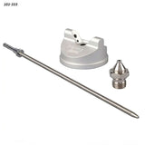 Stainless steel spray gun nozzle, needle, and cap set on white background, woodworking tool accessory