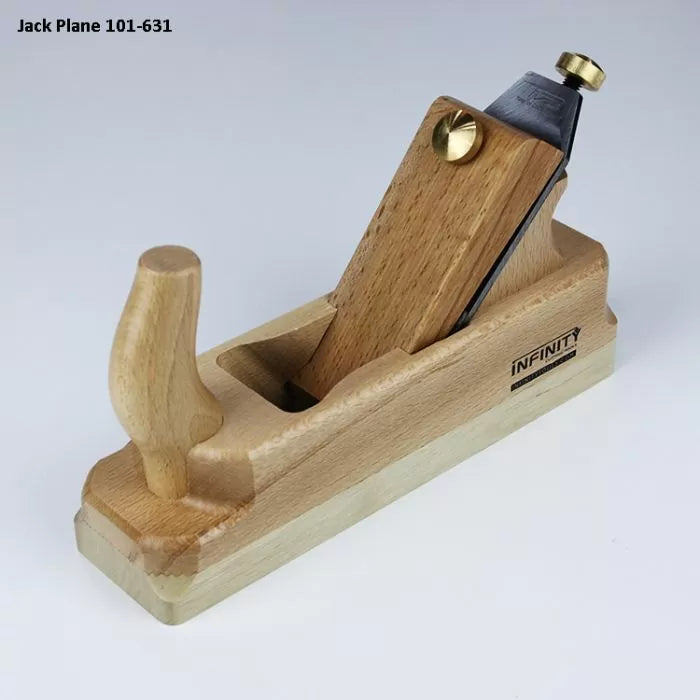 Wooden jack plane hand tool for woodworking with brass adjuster on white background