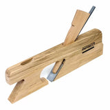 Wooden rabbet hand plane with exposed steel blade for woodworking.