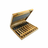 Woodworking chisel set with wooden handles in open storage case, precision hand tools