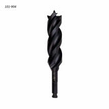 Black woodworking auger drill bit with hex shank and threaded tip on white background
