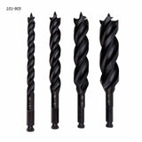 Set of four black woodworking auger drill bits with hex shanks on a white background.