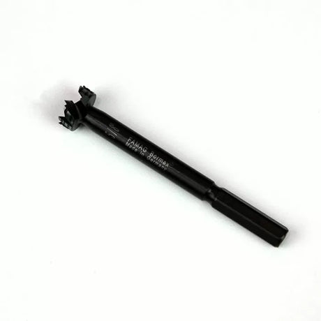 Forstner drill bit for woodworking, black shank, sharp cutting edges, isolated on white