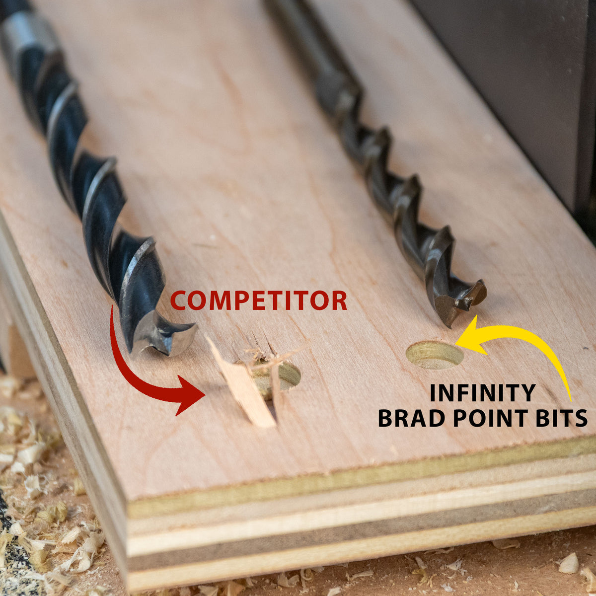 Comparison of wood drill holes by competitor and Infinity brad point bits on plywood