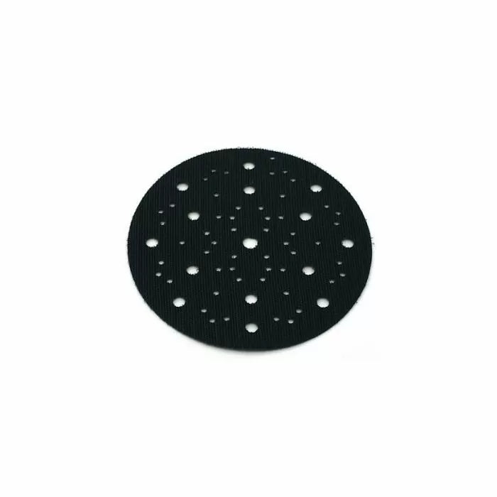 Round black sanding disc pad with multiple dust extraction holes for woodworking tools