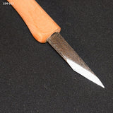 Wood carving knife with wooden handle and textured steel blade on black background