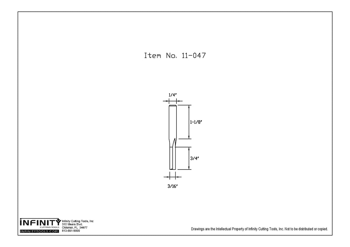 Technical drawing of a straight router bit, 1/4 inch shank, 3/16 inch cutting diameter.