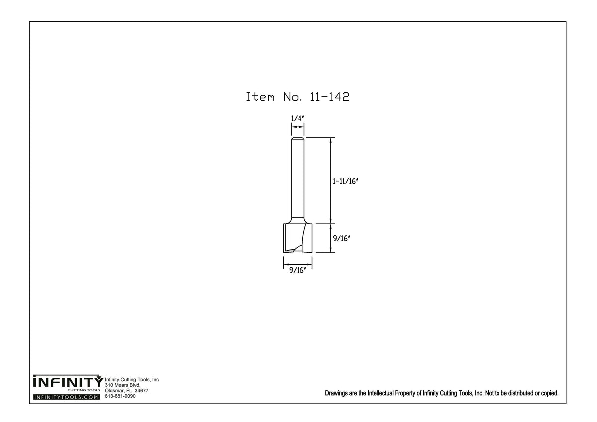 Technical drawing of a straight router bit, item 11-142, with detailed dimensions.