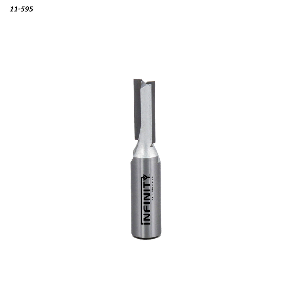 Straight carbide router bit for woodworking with sharp cutting edges on white background