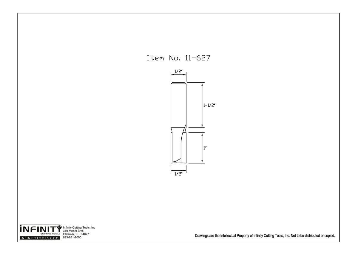 Technical diagram of straight router bit, 1/2 inch shank, item number 11-627