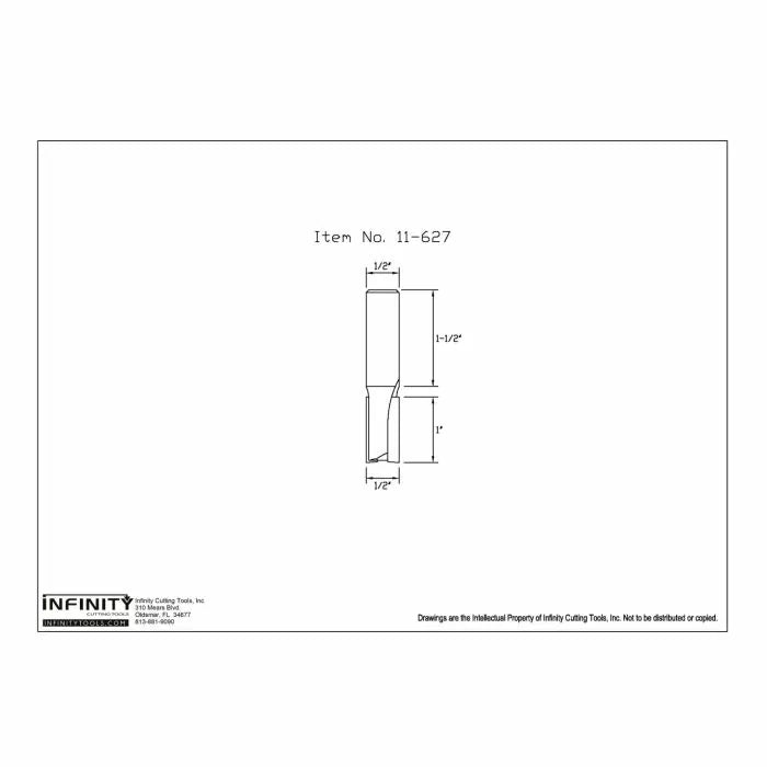 Technical drawing of straight router bit with 1/2 inch shank and labeled dimensions.