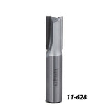 Carbide straight router bit for woodworking, labeled 11-628, on white background.