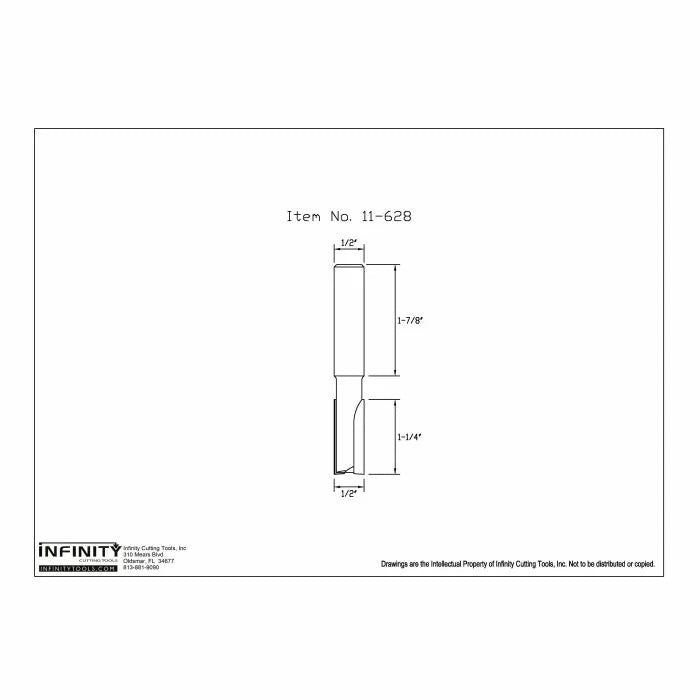 Technical drawing of a straight router bit, item 11-628, with detailed measurements.