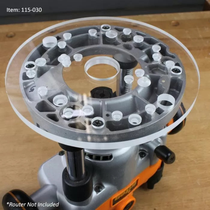 Clear acrylic router base plate for woodworking routers, shown mounted on a benchtop tool.
