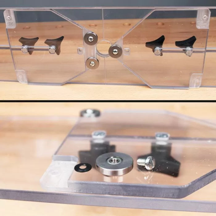 Clear acrylic woodworking router base plate with guide bearings and mounting hardware