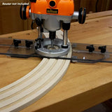 Router circle cutting jig on wood, routing curved grooves on workbench