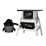 Table saw dust collection system with shop vacuum and dust bag, woodworking tool accessory