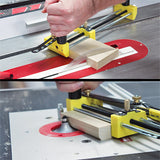 Woodworking jig holding wood block for precision cutting on router table and table saw