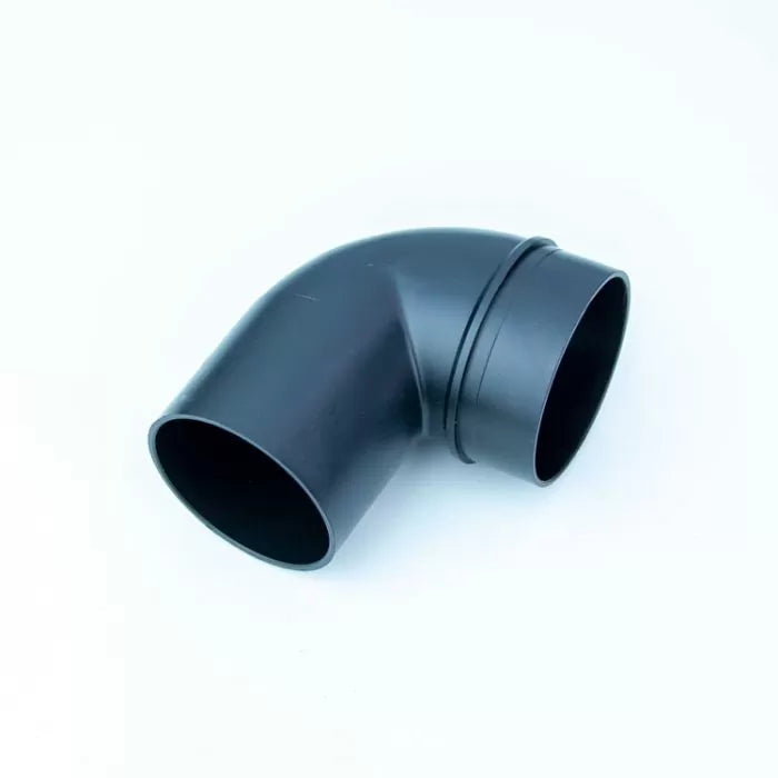 Black plastic 90-degree dust collection elbow fitting for woodworking shop vacuum systems