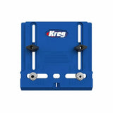 Blue Kreg woodworking jig with adjustment knobs, used for precise wood joinery