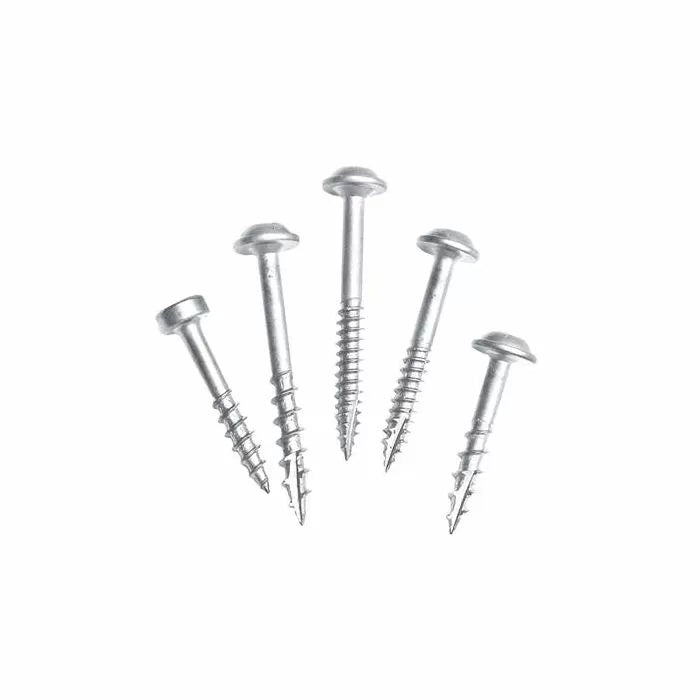 Five silver pan head wood screws for woodworking projects on white background