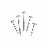 Five silver pan head wood screws for woodworking projects on white background
